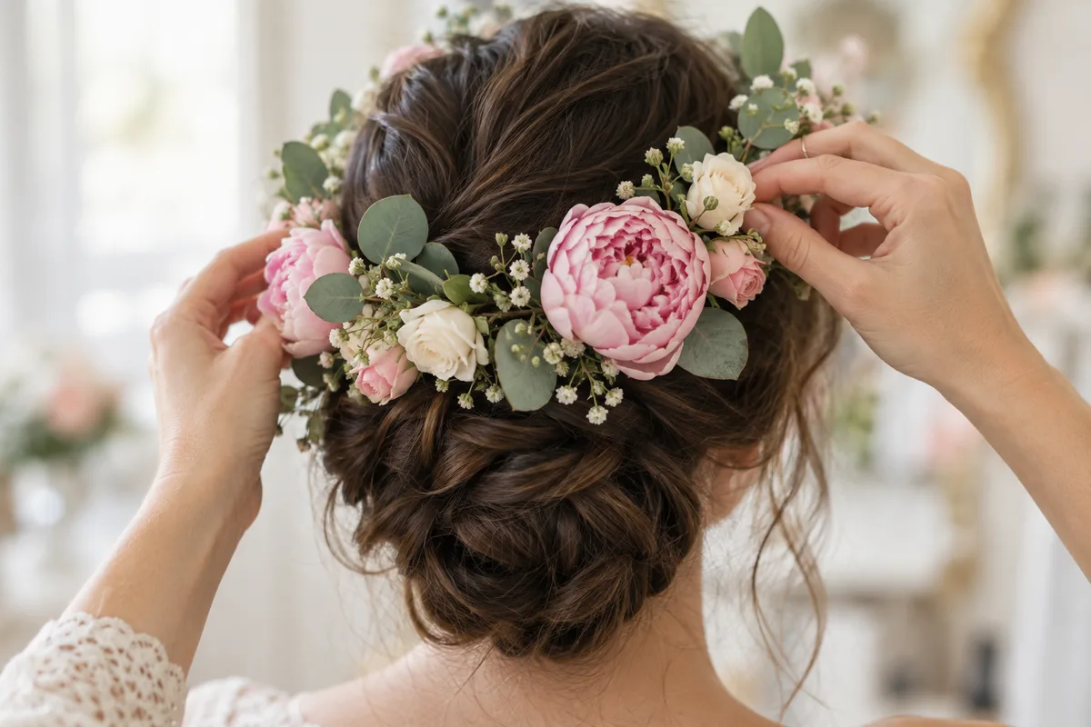 Mains qui ajustent une couronne de fleurs fraîches sur une chevelure tressée
