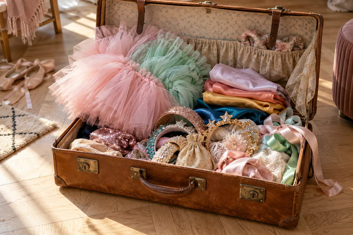 Valise ouverte remplie de tissus colorés, tutus en tulle et accessoires de fête