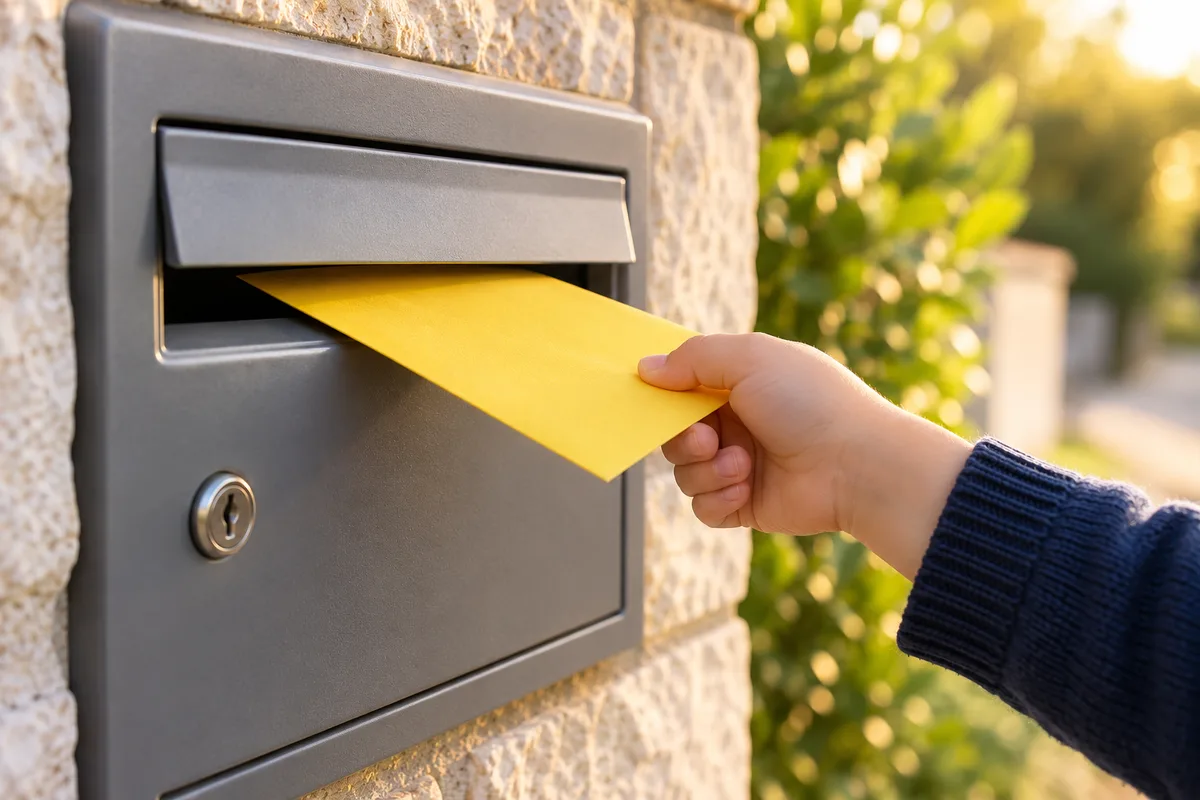 Main d&rsquo;enfant glissant une enveloppe colorée dans une boîte aux lettres en métal