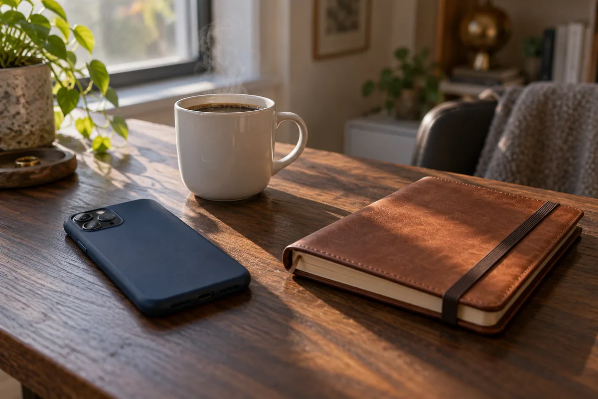 Téléphone posé écran contre une table en bois à côté d&rsquo;une tasse et d&rsquo;un agenda fermé