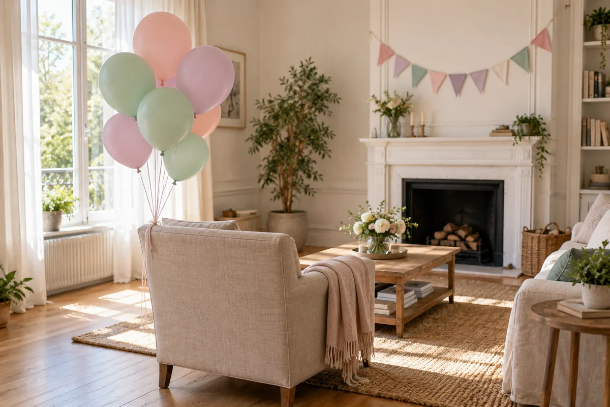 Ballons pastel et guirlande de fanions unis dans un salon lumineux prêt pour la fête