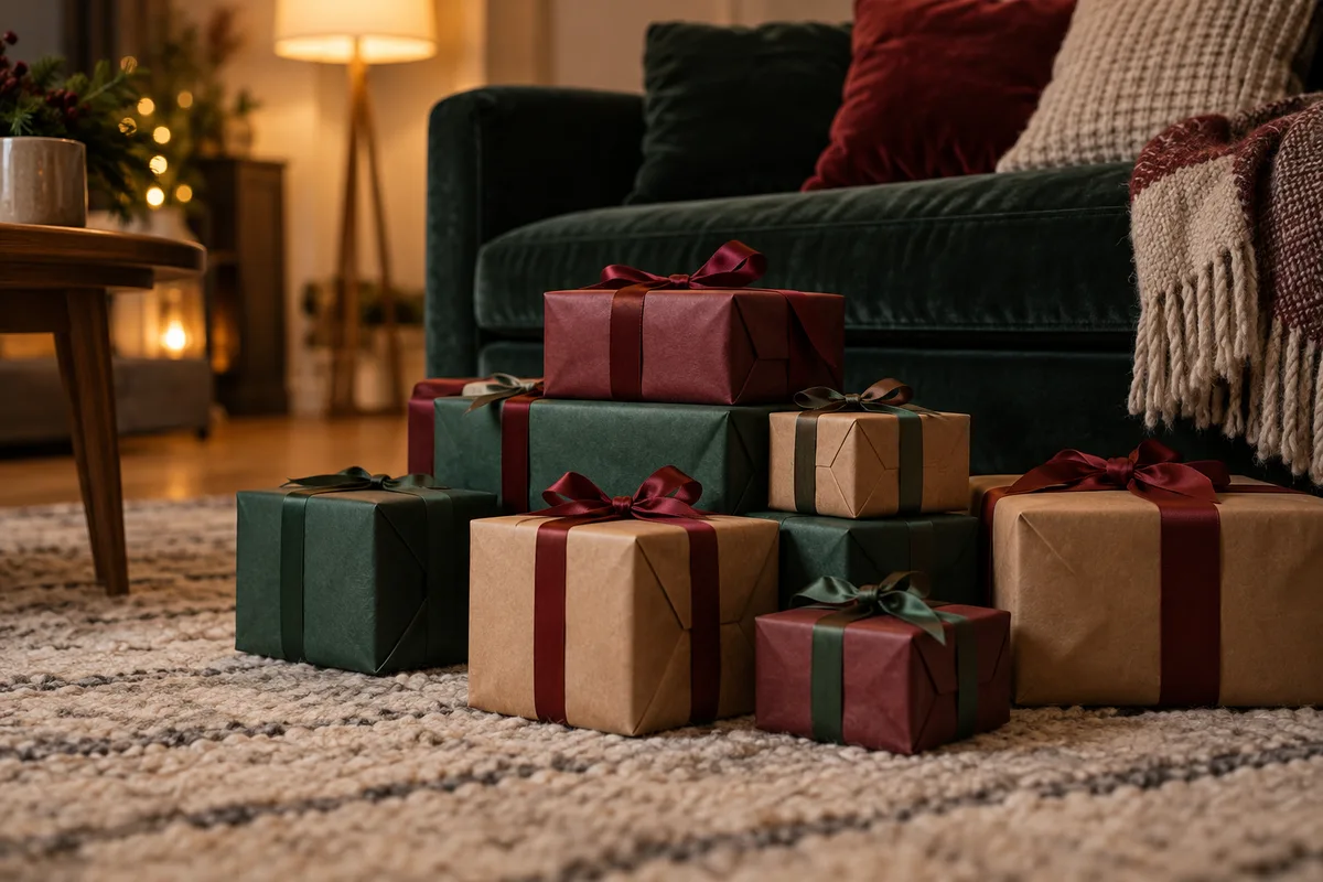 Petits paquets aux papiers unis empilés près d’un canapé avant l’échange de cadeaux