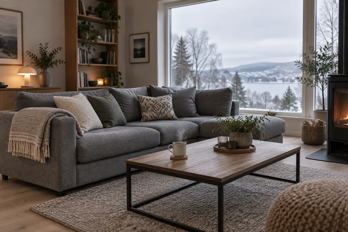 Salon rangé le lendemain matin avec plaid plié et coussins sous une lumière d’hiver