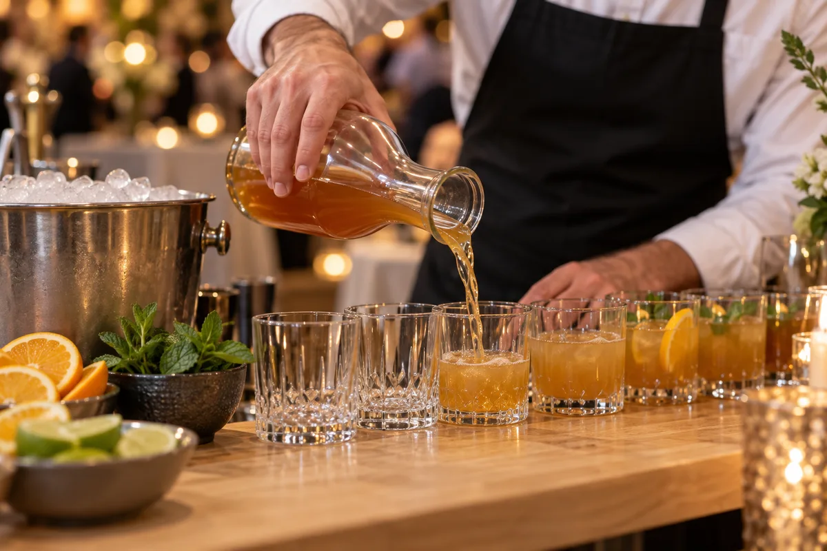 Mains d’un serveur remplissant des verres sur un bar mobile en bois
