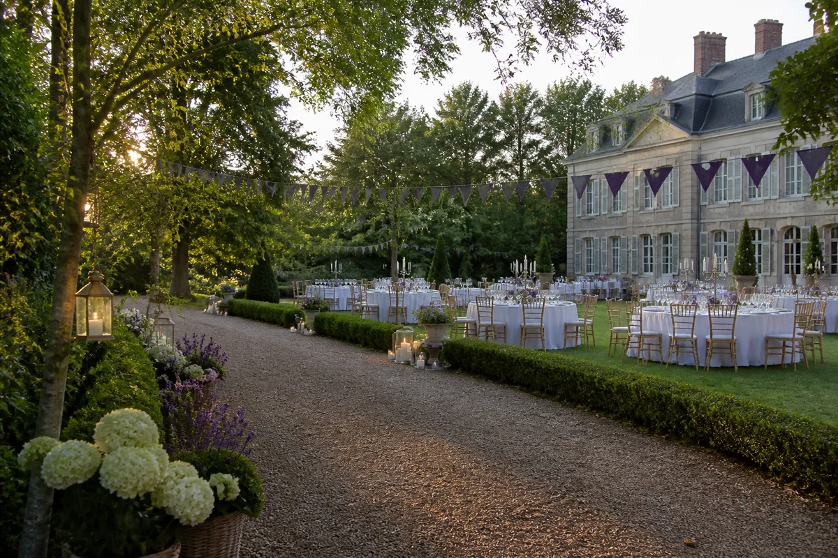 Allée gravillonnée et parc d’une demeure préparée pour une réception en plein air