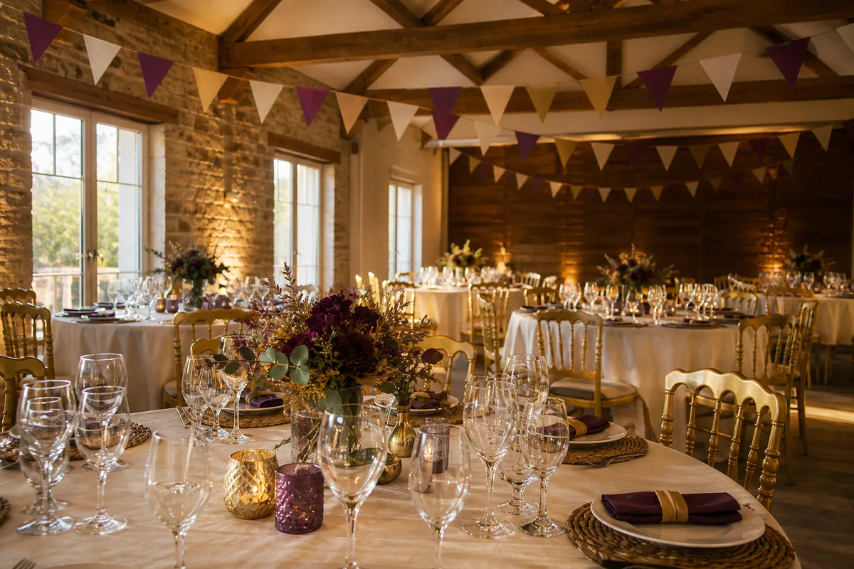 Table de fête dressée pour un anniversaire d’adulte dans une salle de réception