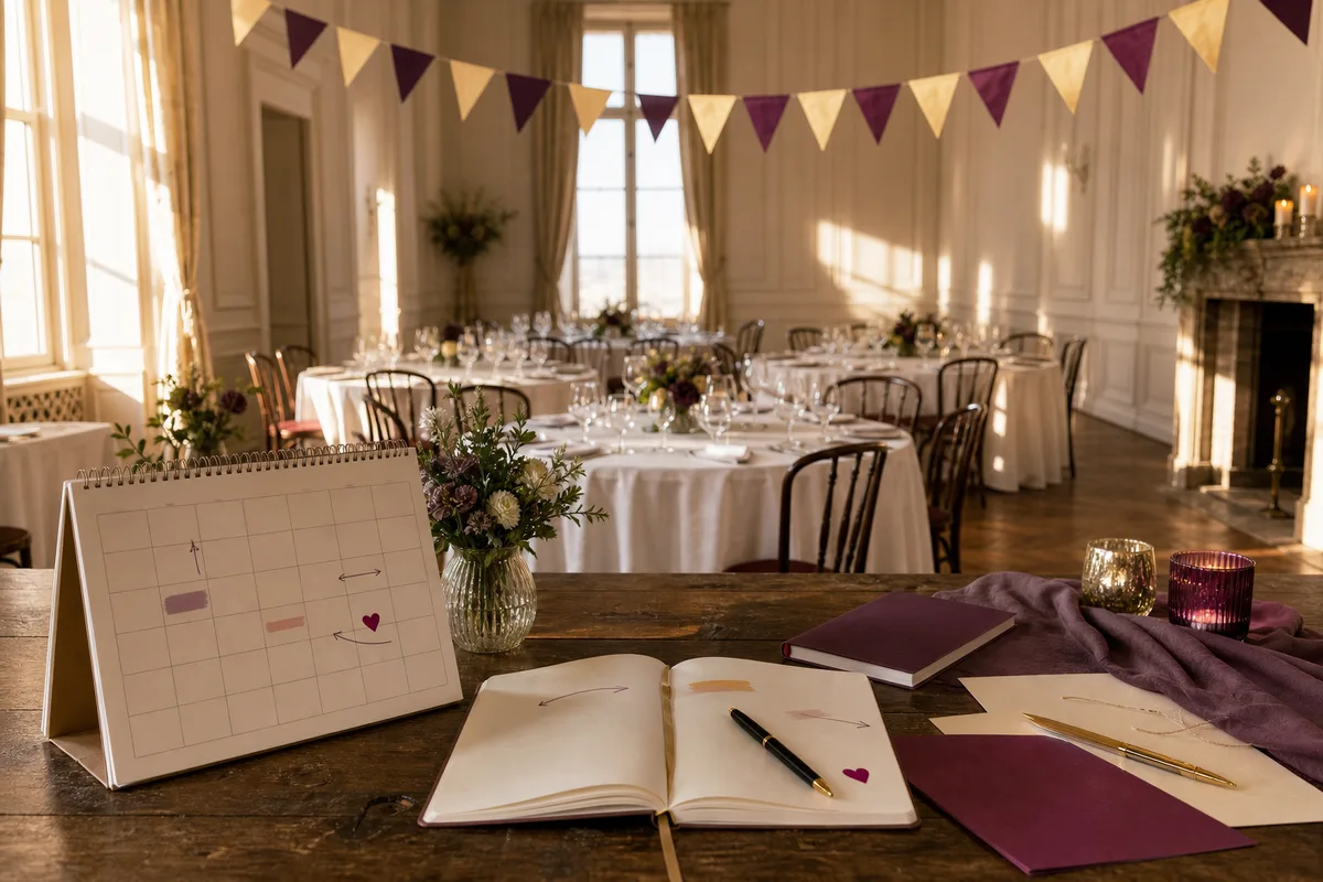 Calendrier annoté et carnet de préparation pour une fête d’anniversaire
