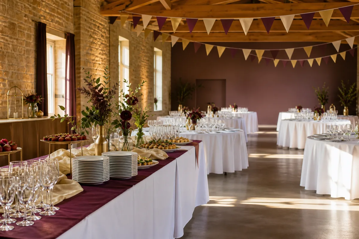 Buffet dressé pour une fête d’anniversaire avec assiettes et verres alignés